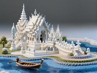 A refined crochet 3D model landscape diorama of the White Temple, Chiang Rai, Thailand,