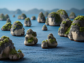 A cinematic crochet 3D model landscape diorama of Phang Nga Bay, Thailand