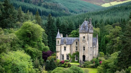 Fototapeta premium A stately stone mansion nestled amidst lush green forests, showcasing a picturesque landscape.