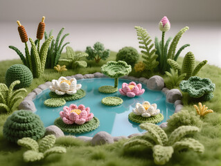 A peaceful crochet 3D model landscape diorama of a lotus pond in Thailand,