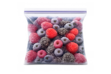 Frozen mixed berries in a plastic freezer bag maintaining freshness and nutritional value, transparent background for versatile use