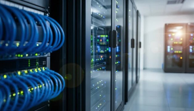 Server rack in data center, network infrastructure and cloud technology.