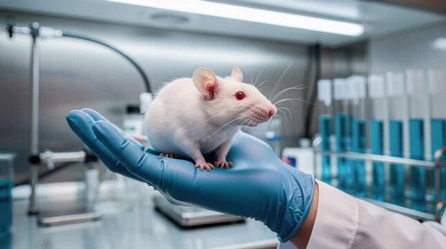 Laboratory mouse in gloved hand, biomedical research and animal testing.