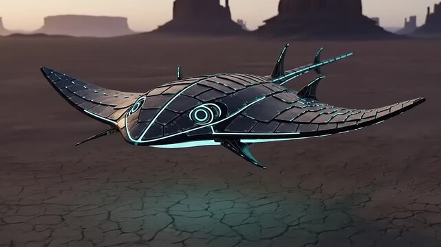 Futuristic Stingray Vehicle Soaring Over Desert Landscape.