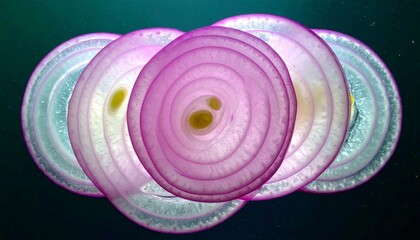 Close up view of overlapping red onion slices showing detailed concentric rings and vivid purple white layers on dark background