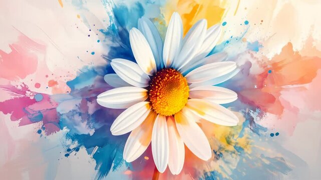 Vibrant daisy flower with white petals on a colorful painted background.
