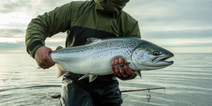 Fisherman proudly displays a freshly caught silver salmon by the waterside
