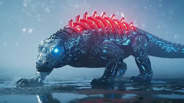 Giant Armored Reptilian Monster with Glowing Red Spines and Blue Eyes.