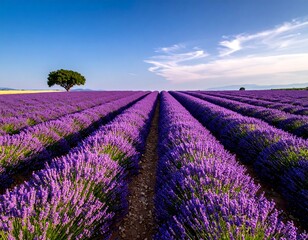 Rows of lavender fields under a bright blue sky with a tree