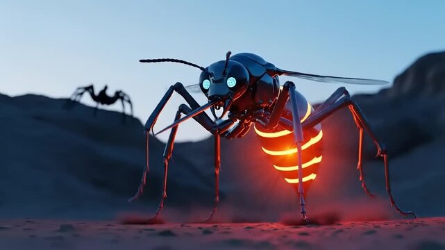 Giant Mechanical Ant with Glowing Abdomen in Desert Landscape.