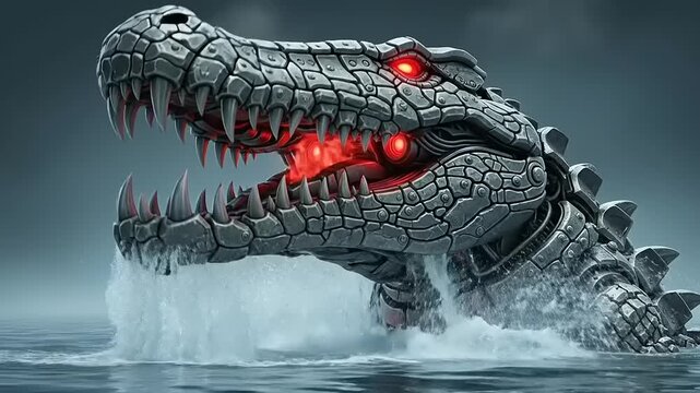 Giant Mechanical Alligator Robot Monster Emerging From The Water.