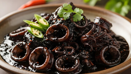 Fototapeta premium Delicious Squid Rings in Dark Sauce with Green Chili and Cilantro.