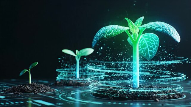 P93-Three glowing plant sprouts at different growth stages over dark background symbolizing business tra 4K 10s