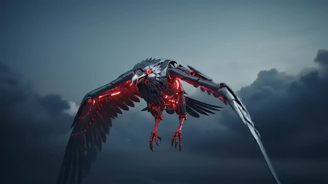 Mechanical Eagle with Glowing Red Eyes Soaring Through Stormy Skies.