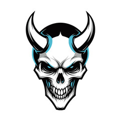A menacing skull with sharp horns and glowing blue eyes, depicted in a detailed illustration style.