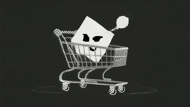 買い物カートが揺らめく極簡素コラージュ表現ストップモーションアニメーション