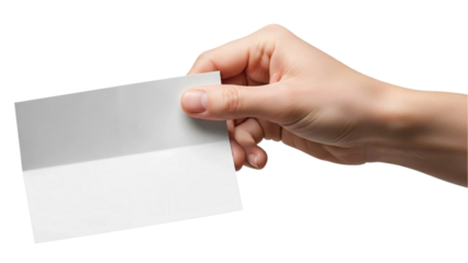 Human hand holding a blank white paper isolated on white background