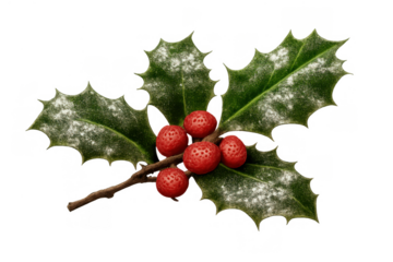 Holly branch with red berries and frosted green leaves for christmas decoration against transparent background