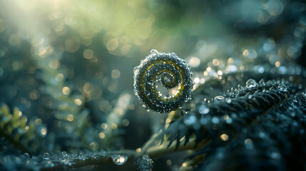 Extreme close-up of morning dew droplets on unfurling fern fronds. Soft, diffused natural light creates a dreamy quality. The texture is sharp with subtle bokeh background