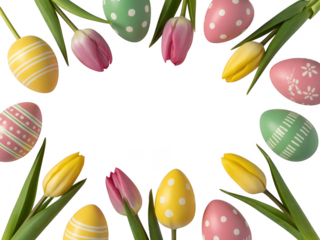 Colorful Easter Eggs and Tulips Arrangement.