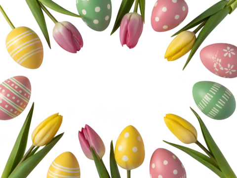 Colorful Easter Eggs and Tulips Arrangement. - Powered by Adobe