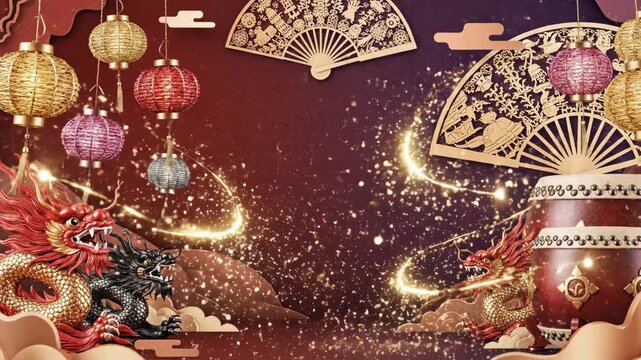 Festive Chinese New Year Decoration with Colorful Lanterns, Dragon Statues, and Traditional Elements in a Joyful Atmosphere