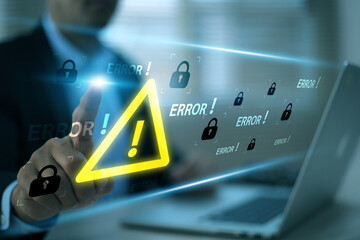 Human hand touchscreen warning caution 404 page not found error system or problem computer network firewall protection for cyber threat attack security risk alert hacker or cybercrime safety prevent.