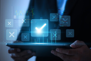 Human and touchscreen check mark with cross symbol on wooden toy stack for true or false changing mindset or way of adapting to change leader and transform quiz answer and poll concept.