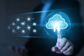 Human hand touchscreen display cloud computing technology for database drive file transfer sharing backup and work on cloud or electronic document storage data search and management