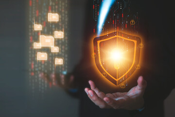 Human hand touchscreen cyber security data protection icons for online computer network and personal privacy user access key protect and hacker cybercrime prevent or safety storage cloud file.