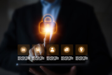 Human hand touchscreen cyber security data protection icons for online computer network and personal privacy user access key protect and hacker cybercrime prevent or safety storage cloud file.