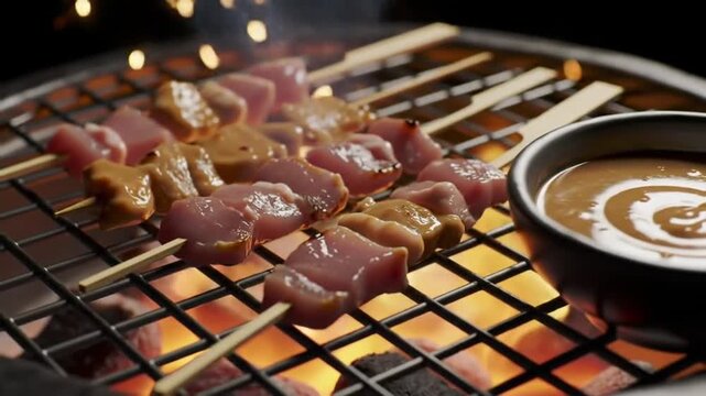 Grilled meat skewers with sauce on a barbecue grill overhead shot