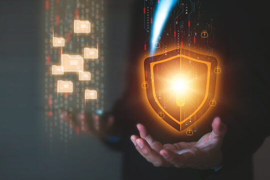 Human hand touchscreen cyber security data protection icons for online computer network and personal privacy user access key protect and hacker cybercrime prevent or safety storage cloud file. - Powered by Adobe