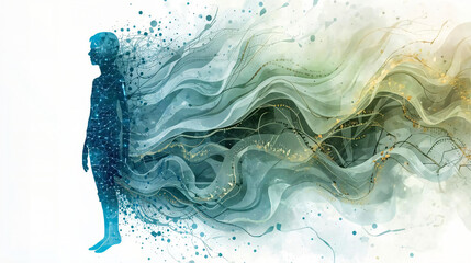 An abstract illustration of a human silhouette slowly dissolving into soft, flowing watercolor shapes
