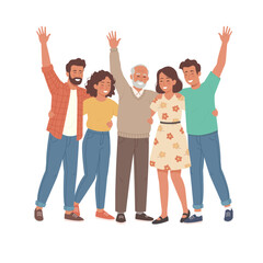 Obraz premium A cartoon illustration of a happy multigenerational family, including an older man, hugging each other with their arms around one another and raising their hands in a joyful celebration.