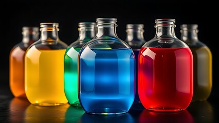 demijohns. Colorful liquids in round glass demijohns creating light refraction, dark background, crisp details. STEM education sheets.