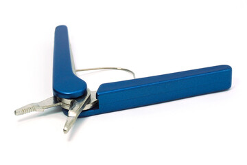 A pair of pliers with blue handles, placed on a white background.