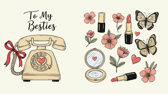 A charming illustration featuring a vintage rotary telephone adorned with a red ribbon and the text "To My Besties," alongside a collection of cosmetic items, flowers, and butterflies.