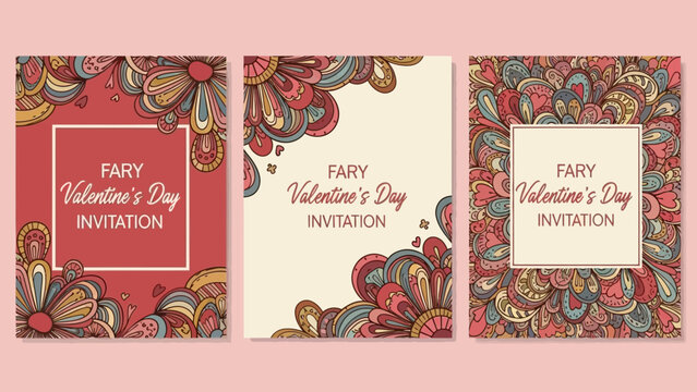 Three elegant Fairy Valentine's Day invitation cards with intricate floral and paisley patterns in warm colors, perfect for romantic celebrations.