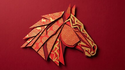 Majestic Red and Gold Horse Head Crafted with Intricate Traditional Paper Cut Patterns, Symbolizing Strength and Cultural Elegance in Abstract Art