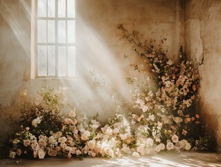 Elegant floral display against a sunlit wall, showcasing wedding decor