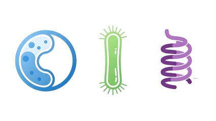 Collection of diverse biological vector icons showcasing fundamental scientific concepts such as cell structures, microscopic bacteria, and the intricate DNA double helix