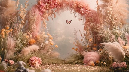 Enchanting floral archway with fluttering butterflies and whimsical charm