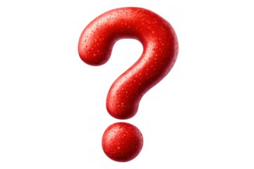 Red question mark with drops, having strawberry or pepper texture, creating a concept of curiosity, help, and faq