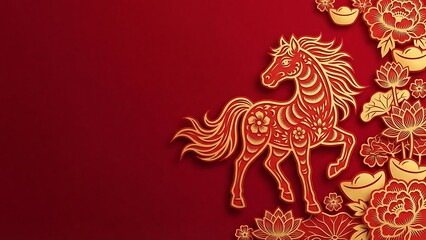 Elegant stylized golden horse illustration, intricate patterns, auspicious Chinese flowers, and prosperity symbols on a red background for Lunar New Year