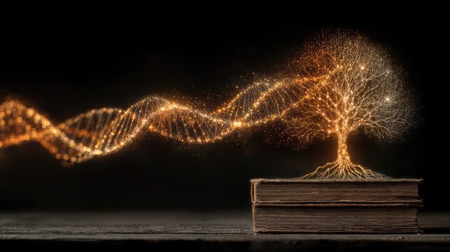 A captivating image of glowing DNA structure connecting to a shining tree sitting on top of an old book.