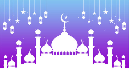 Islamic Mosque Silhouette with Crescent Moon and Stars on Purple Background.