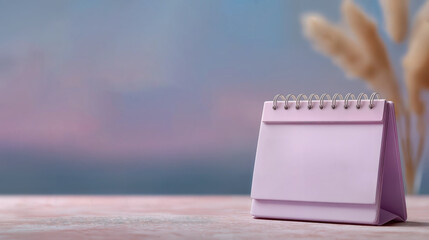 A blank calendar sitting on a wooden surface, with a blurred background. The calendar is positioned to the right of the frame, with space on the left