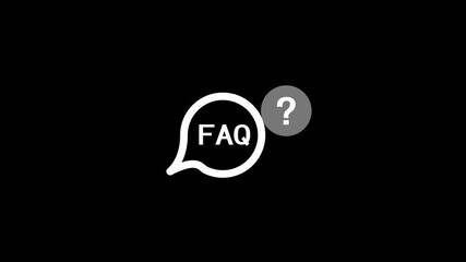 White FAQ icon with question mark in a speech bubble on black background frequently asked questions