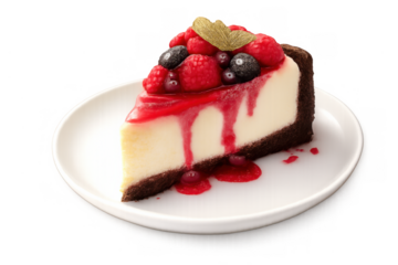 Slice of cheesecake topping with raspberry, blueberry and red berry sauce for dessert, transparent background